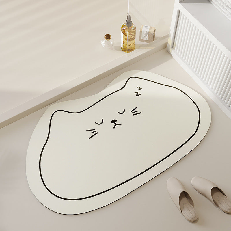 Cute Cat Pattern Diatomite Bath Mat - Super Absorbent Non-Slip Floor Mat for Bathroom, Kitchen & Entryway