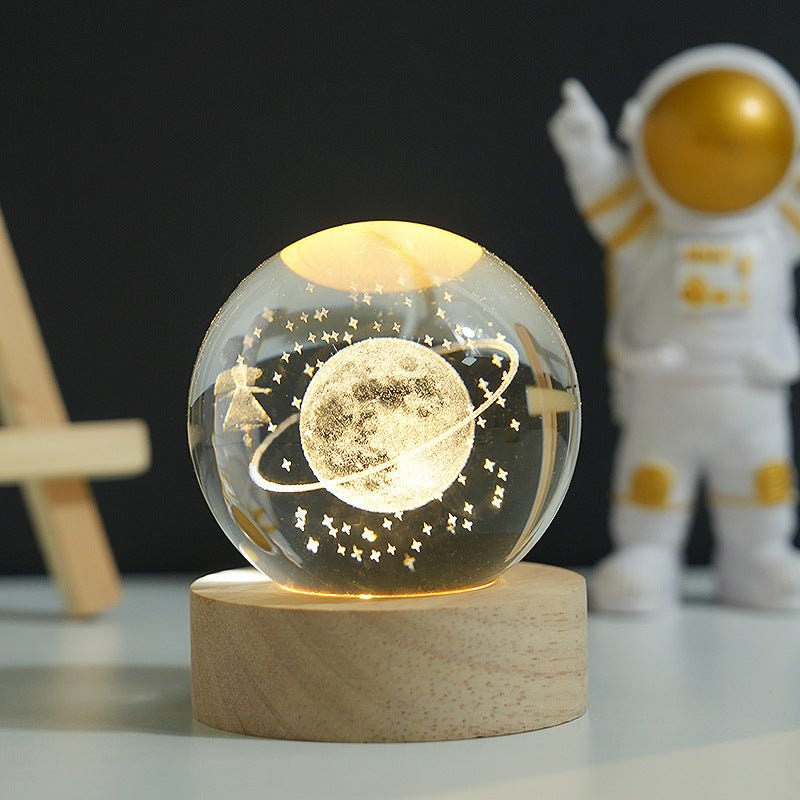 3D Crystal Ball Night Light with LED Base - Laser Engraved Desktop Lamp, Solar System & Space Theme Decorative Gift for Kids Birthday