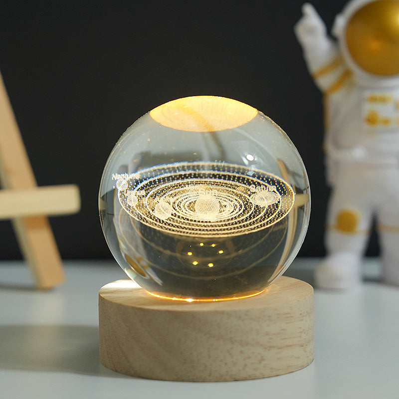 3D Crystal Ball Night Light with LED Base - Laser Engraved Desktop Lamp, Solar System & Space Theme Decorative Gift for Kids Birthday