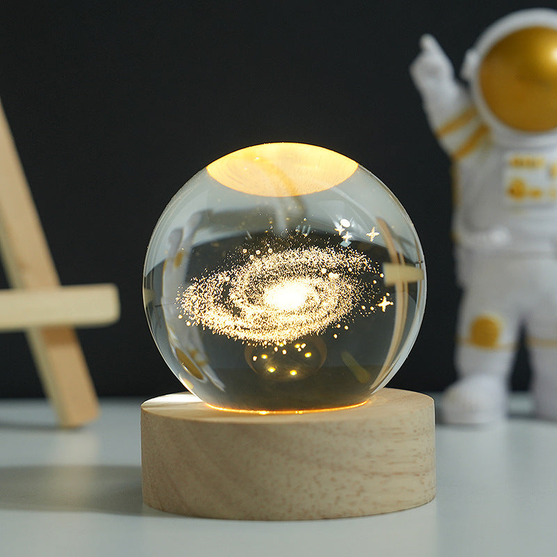 3D Crystal Ball Night Light with LED Base - Laser Engraved Desktop Lamp, Solar System & Space Theme Decorative Gift for Kids Birthday